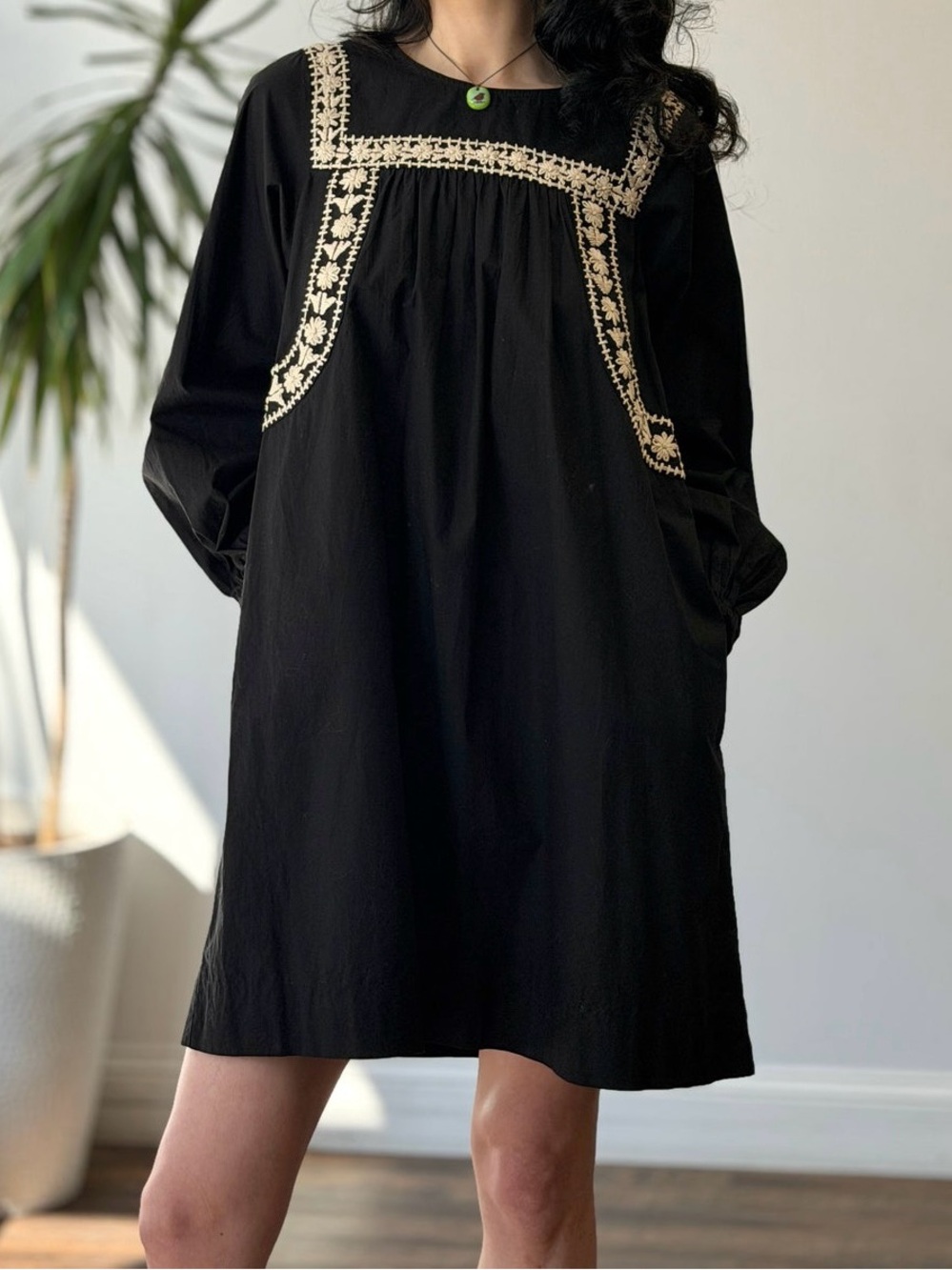 Cleobella Black Dress with White Embroidered Trim and pockets